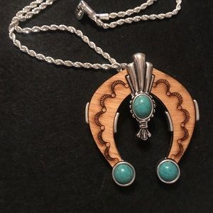 Wooden, silver toned and faux turquoise necklace